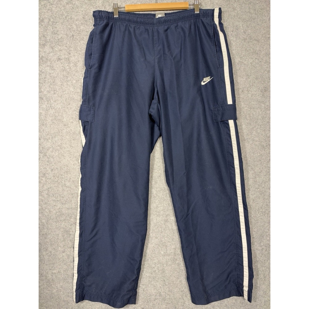 90s Nike Cargo Track Pants XL Navy Blue White Stripe Baggy Mesh Lined Silver Tag